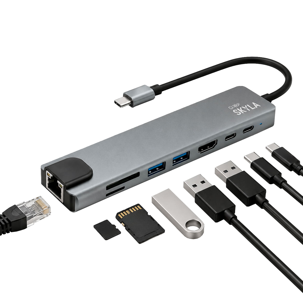 Adaptador Hub 8 En 1 - Corp Skyla (tipo C Hdmi Puerto Land Usb Compatible Con Mac Y Pc Sd) Color Gris