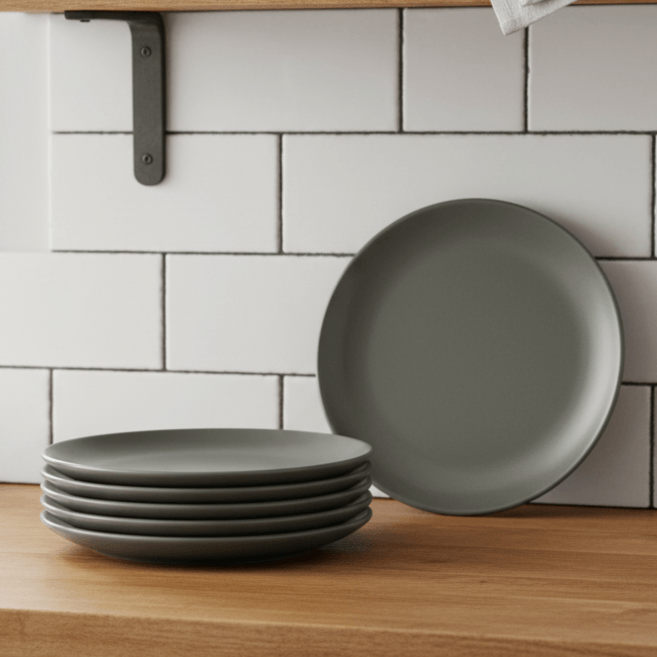 Set x 6 Platos Postre Diario 20 cm Ceramica Gris Oscuro Mate