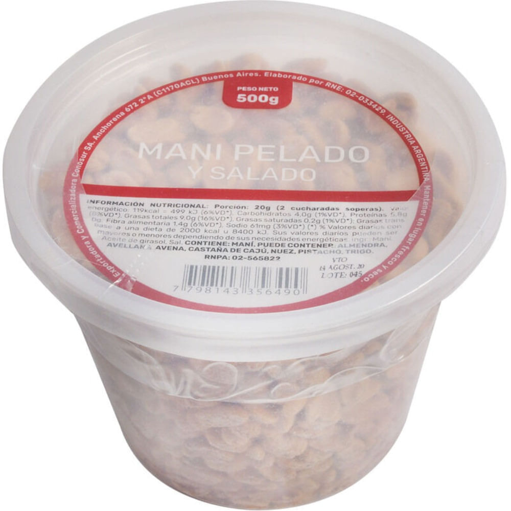 Maní repelado y salado 500 g.