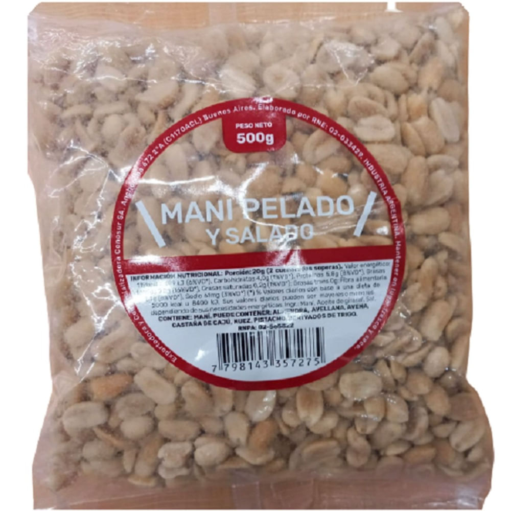 Maní pelado y salado  en bolsa 500 g.