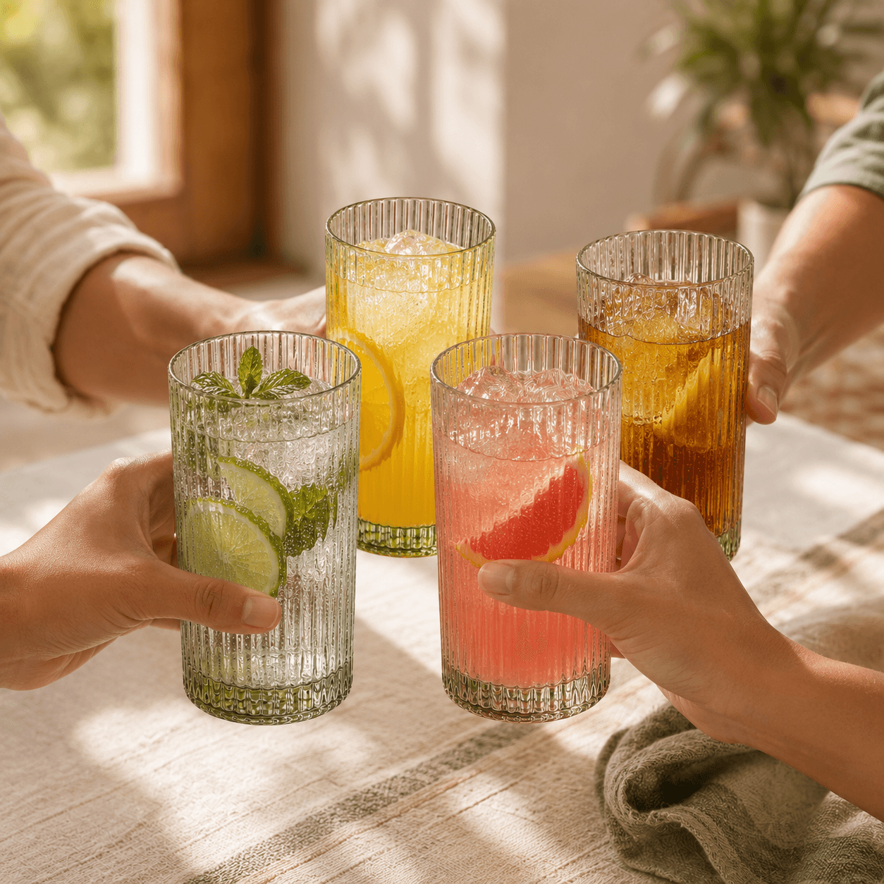 Set x4 Vasos Vidrio Alto Labrado Tragos 400 ml Verde Aston