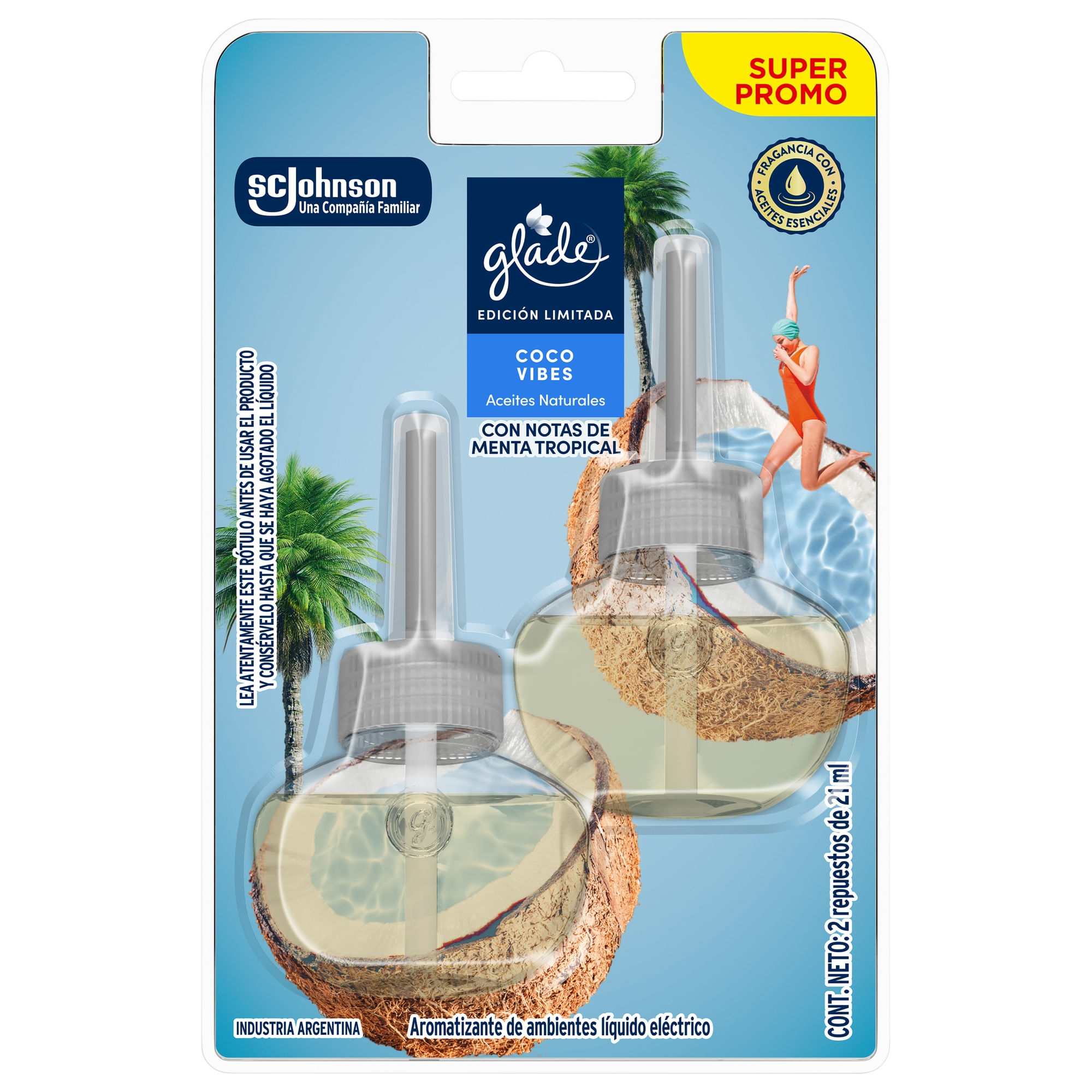 aromatizante ambiental glade coco vibes aceite natural pack x2 21 ml