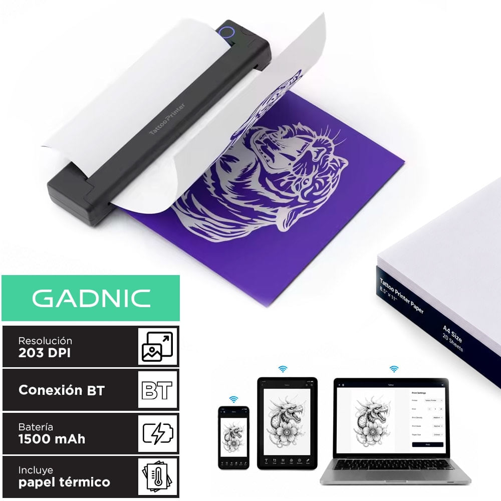 Impresora De Tatuajes Portatil Gadnic Impresion Termica 203 Dpi Bt Y Cable Bateria 1500 Mah